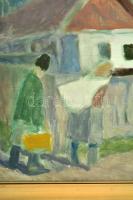 Jakuba János (1909-1974): Hazafelé. Olaj, farost, jelzett, üvegezett keretben, 50×70 cm