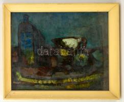 Boross Géza (1908-1971): Csendélet buttelával. Olaj, farost, jelzett, üvegezett keretben, 40×50 cm