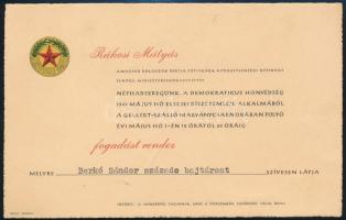 1949 Rákosi Mátyás miniszterelnökhelyettes katonai dísszemle alkalmával adott fogadásra szóló meghívója
