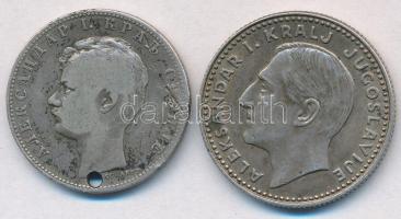 Szerbia 1897. 1D Ag "I. Sándor" lyukasztva + Jugoszlávia 1931. 10D Ag "I. Sándor" T:II,III ph., ü Serbia 1897. 1 Dinar Ag "Alexander I" with hole + Yugoslavia 1931. 10 Dinara Ag "Alexander I" C:XF,F edge error, ding Krause KM#21, KM#10