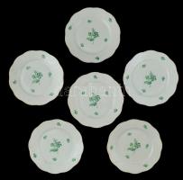 Herendi zöld virágmintás porcelán kistányér, kézzel festett, jelzett, hibátlan, 6 db, d: 18,5 cm