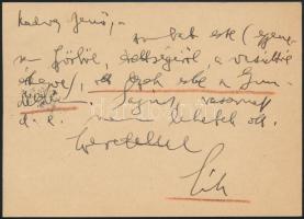 Sík Sándor (1889- 1963) piarista tanár, költő, műfordító, irodalomtörténész, egyházi író saját kézzel írt, aláírt levelezőlapja