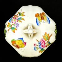 Herendi Viktória mintás ékszeres dobozka, kézzel festett, kopott aranyozás, m: 7,5 cm