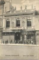 Kolozsvár, Cluj; Kolozsvári Iparos Egylet palotája, Császár Dávid üzlete, Lászlóczky Testvérek hentesáru gyára, Csizhegyi Sándor kiadása / Craftsman Associations Palace, butcher, shop (fa)