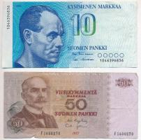 Finnország 1977. 50M + 1980. 10M (3x) + 1986. 10M T:III szakadás
Finland 1977. 50 Markkaa + 1980. 1...