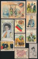 cca 1900 Ferdinánd bolgár cár és felesége csokoládé gyűjtőkártyán valamit más, Bulgáriaával kapcsolatos részben litografált gyűjtőkártyák 14 db / Ferdinand King of Bulgaria and his wife on chocholate card and other Bulgraia related cards. 14 pieces