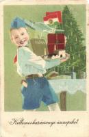 Kellemes ünnepeket kommunista propaganda, úttörő fiú, Művészeti Alkotások / communist propaganda, Hungarian Pioneer Movement, Christmas greeting card, advertisement (EM)