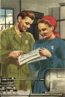 Versenyeredmény, gyári munkások, kommunista propaganda képeslap, Művészeti Alkotások kiadása / Hungarian communist propaganda card