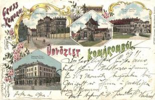 1899 Komárom, Komarno; Igazságügyi palota, Eszterházy pavilon, Tiszti kaszinó, Takarékpalota / Palace of justice, savings bank palace, pavilion, casino. Freisinger Mór's floral, Art Nouveau litho (r)