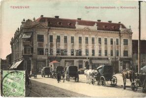 Temesvár, Timisoara; Gyárvárosi koronabank, Deutsch testvérek, Morgenstein Zsigmond, Steingaszner Ferenc, Wilhelm Fülöp, Goldmann S. és Haring Gusztáv üzlete / Kronenbank / bank, shops, horse carts, TCV card (EK)