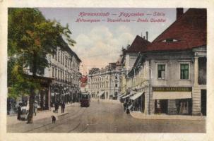 Nagyszeben, Hermannstadt, Sibiu; Disznódi utca, Juluis Wermescher üzlete, villamos / Heltauergasse / Strada Cisnadei / street view with tram and shops