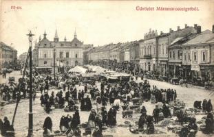 Máramarossziget, Sighetu Marmatiei; piac, Az angol bolt. Wizner és Dávid kiadása / market square with shops (fl)