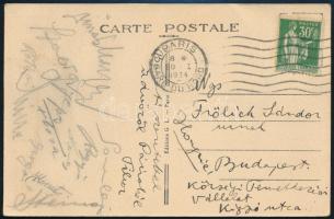 1934 A magyar válogatott tagjainak (Somlai Rezső, Flóra György, Gallowich Tibor, stb.) aláírásai Párizsból Fröhlich Sándor labdarúgó részére küldött levelezőlapon