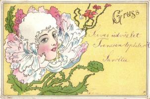 1899 Ladys head in flower, Art Nouveau litho art postcard (EK)