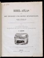 Dr. (Heinrich) Kiepert: Bibel-atlas nach den neuesten und besten hülfsquellen. Szerk.: A. Lionnet. Bp., 1864, G.W.F. Müller. 1+2 p.+ 8 t. +51 p. Átkötött kopottas félvászon-kötés, sérült gerinccel, 6 színezett rézmetszetű térképpel, 2 rézmetszetű ábrával, néhol kissé foltos lapokkal, német nyelven./ Half-linenbinding, with rebound cover, with some little spotty on the pages, in German language.