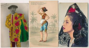 3 db VEGYES hímzett és dombornyomott folklór képeslap / 3 mixed silk and Emb. folklore motive cards