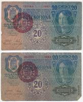 1913. 20K (4x) mind a négy piros "MAGYARORSZÁG" körbélyegzővel, közte 2db II. kiadás T:III...