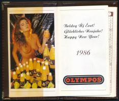 1986 Olympos reklámnaptár, erotikus képpel, műbőr tokban