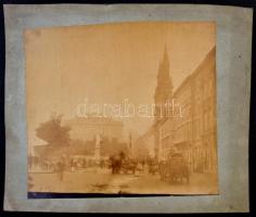 cca 1880 Budapest, Petőfi tér, Petőfi szobor, piac, Carlton szálloda, ortodox templom, kartonra raga...