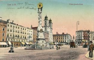 Linz a. D., Franz Josefs Platz, Miederhaus / square, tram, shops, hotel, monument