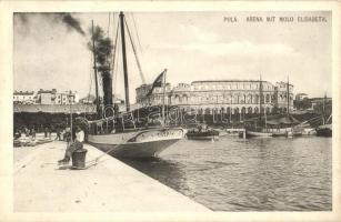 Pola, Arena mit Molo Elisabeth / SS Liburnia egycsavaros tengeri személyszállító gőzhajó a kikötőben, aréna / SS Liburnia Hungarian-Croatian passenger steamship at the port, arena, Phot. A. Beer, Verlag F. W. Schrinner. 'K.u.K. Kriegsmarine SMS Árpád' Marinefeldpost (EK)