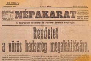 1919 Népakarat, a Debreceni Munkás- és Katonatanács napilapja, I. évfolyam, 2.. szám, benne a Tanács...