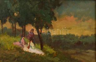 Nyilasy Sándor (1873 - 1934): Lányok a domboldalon. Olaj, falemez, jelzett, antik keretben, 20×30 cm