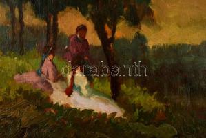 Nyilasy Sándor (1873 - 1934): Lányok a domboldalon. Olaj, falemez, jelzett, antik keretben, 20×30 cm