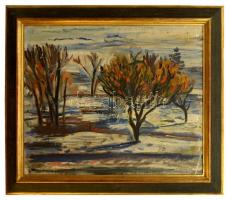 Vinkler László (1912-1980): Liliomfák a téli tájban (1946). Olaj, vászon, jelzett, keretben, 66×82 c...