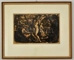 Uitz Béla (1887-1972): Fürdőzők, 1917. Hidegtű, papír, jelzett, üvegezett keretben, 24×35 cm