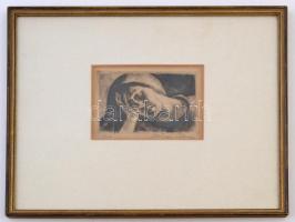 Szőnyi István (1894-1960): Merengő. Rézkarc, papír, jelzett, üvegezett keretben, 9×12 cm