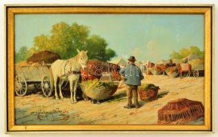 Gutaházy Németh Gyula (1892-1959): Ébédelő lovak a vásáron. Olaj, karton, jelzett, keretben,19×32 cm