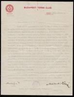 1926 a Budapesti Torna Club vezetőségének köszönőlevele iszeni Iszer Károly (1861-1929) újságíró, sp...