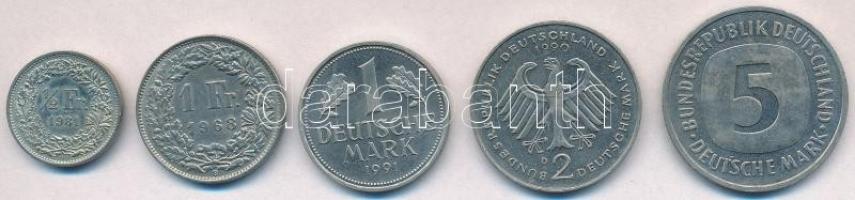 Vegyes: NSZK / Németország 1990-1991. 1M + 2M + 5M + Svájc 1968. 1Fr + 1981. 1/2Fr T:1-,2 Mixed: FRG / Germany 1990-1991. 1 Mark + 2 Mark + 5 Mark + Switzerland 1968. 1 Franc + 1981. 1/2 Franc C:AU,XF