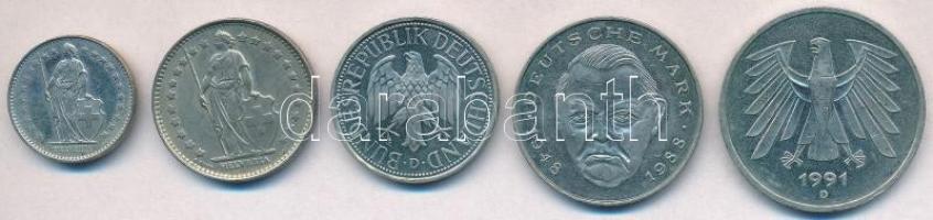 Vegyes: NSZK / Németország 1990-1991. 1M + 2M + 5M + Svájc 1968. 1Fr + 1981. 1/2Fr T:1-,2
Mixed: FR...