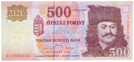 2001. 500Ft "EC0000046" alacsony sorszám T:I / Hungary 2001. 500 Forint "EC0000046" low serial number C:UNC Adamo F54A2