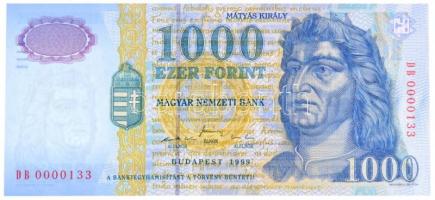 1999. 1000Ft "DB0000133" alacsony sorszám T:I / Hungary 1999. 1000 Forint "DB0000133" low serial number C:UNC Adamo F55A1