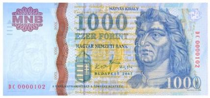 2007. 1000Ft DC0000102 alacsony sorszám T:I / Hungary 2007. 1000 Forint DC0000102 low serial number C:UNC Adamo F55H2