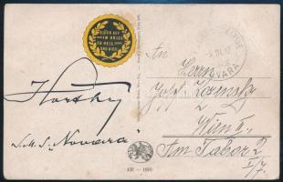 1917 Futott képeslap Horthy Miklós tengernagy saját kezű aláírásával és az általa parancsnokolt S.M.S. NOVARA hadihajó bélyegzőjével, valamint háborsú propaganda levélzáróval /  1917 Autograph signed postcard by Admiral Miklos Horthy with seal of his warship S.M.S. Novara.