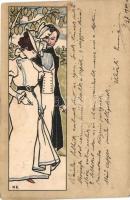 Art Nouveau romantic couple art postcard, litho s: H. E. (pinholes)