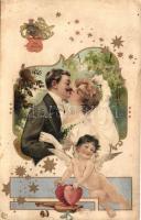 Art Nouveau romantic couple art postcard, silver and golden decorated Emb. litho (EK)