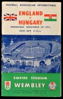 1953 Magyarország-Anglia, a legendás 6:3-as labdarúgó mérkőzés meccsfüzete, és egy belépőjegye a Wembley Stadionba, ahol az Aranycsapat legyőzte az évtizedek óta veretlen Angliát. A füzet kissé viseltes, kissé foltos, kissé kopottas, a jegyen kisebb folt./ 1953 Hungary - England, legendary football match booklet, and a entry ticket to the Wembley Stadium, where the Golden Team of Hungary defeated England. The booklet in little bit spotty, and worn, the ticket little bit spotty.
