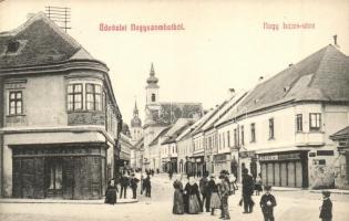 Nagyszombat, Trnava; Nagy Lajos utca, Josef Halle, Reisz L. üzletei, Milvay L. cipész boltja, Verlag G. M. P. 879. / street view, shops, shoemaker (EK)