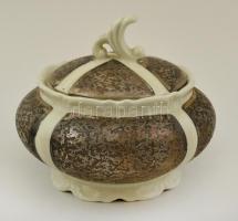 Ezüstözött porcelán cukortartó, jelzés nélkül, kopásnyomokkal, d: 13 cm, m: 11 cm