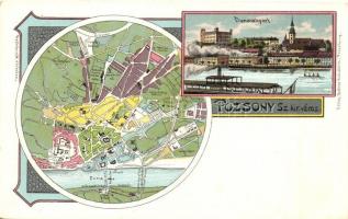Pozsony, Pressburg, Bratislava; Duna rakpart, térkép / quay, map, Bediene dich allein Art Nouveau litho (EK)
