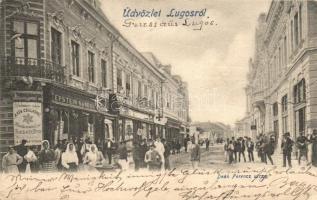 Lugos, Lugoj; Deák Ferenc utca, Kézműáru raktár a Kék Csillaghoz, Epstein Sándor üzlete / street view with shops (Rb)