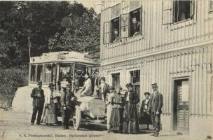 Baden-Heilanstalt Alland, K. K. Postautomobil / Baden-Alland line K.u.K. post automobile in front of the post office, group picture with officers and ladies, the bus&#039; schedule on the backside, Verlag Karl Grünas (EK)