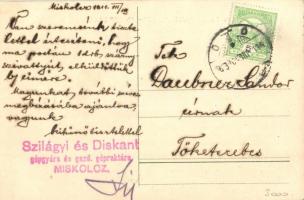 Miskolc, Szilágyi és Diskant Motor- és Gépgyára, hátoldalon a gyár pecsétje és levele