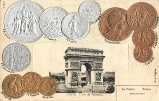 Paris, L'Arc de Triomphe / monument, French currency, set of coins, Emb. (ázott / wet damage)