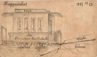 1897 (Vorläufer!) Nagyszombat, Trnava; Die Omnibus-Gesellschaft / Kézzel rajzolt üdvözlőlap, omnibusz / original hand-drawn greeting card, omnibus company, 2 Kr Ga. (fa)